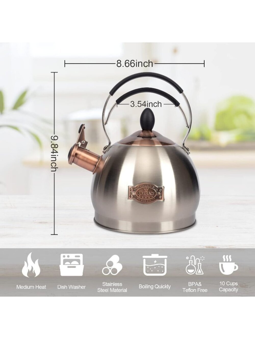 2.6 Quart Silver Stainless Steel Kitchen Tea kettle Whistling Stovetop Induction - Picture 3 of 6
